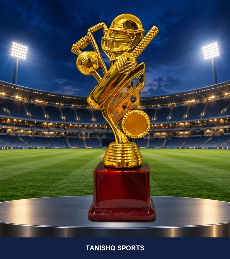 Golden victory trophy with an elegant red and gold column