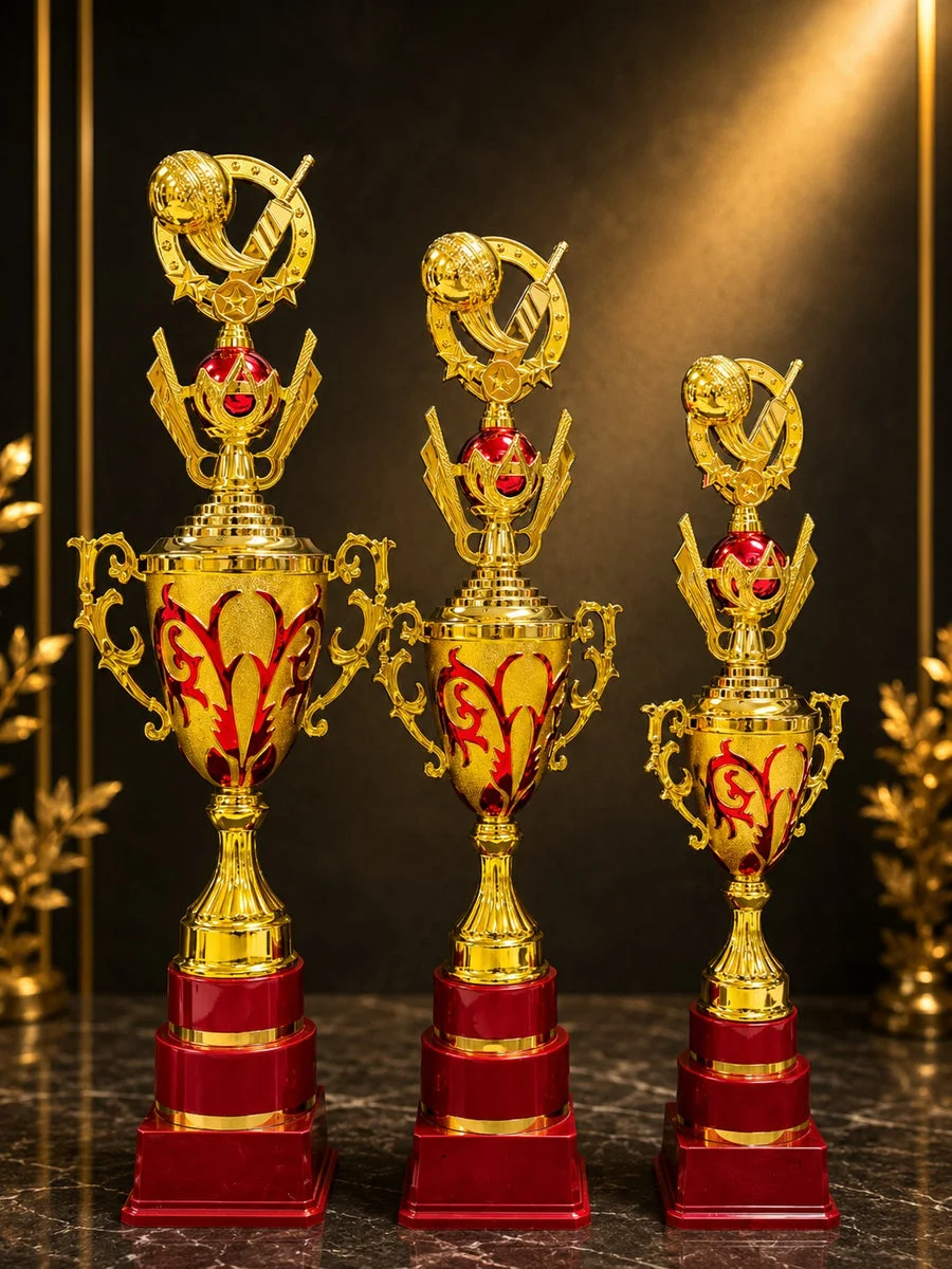 Three golden cricket champion trophies with ruby red bases