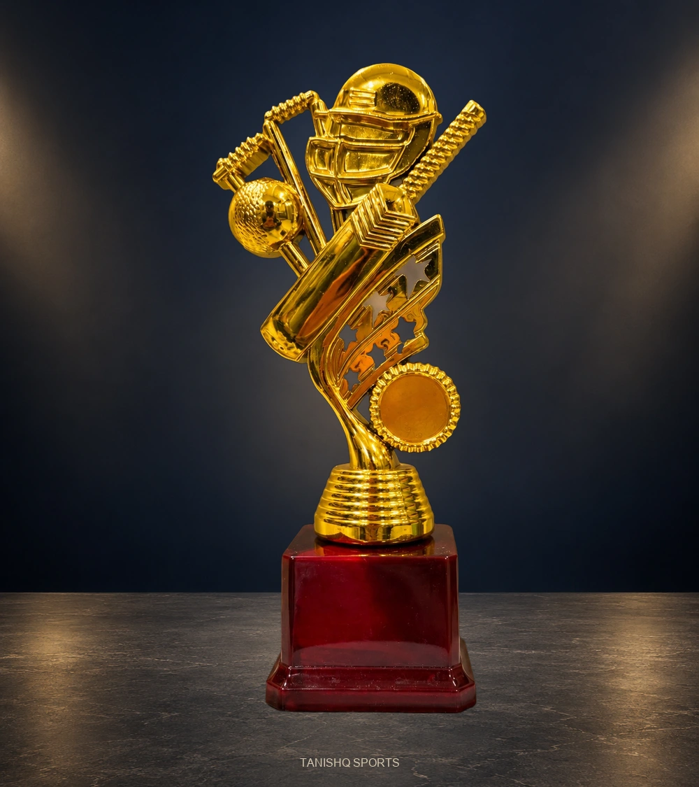 Golden victory trophy with an elegant red and gold column