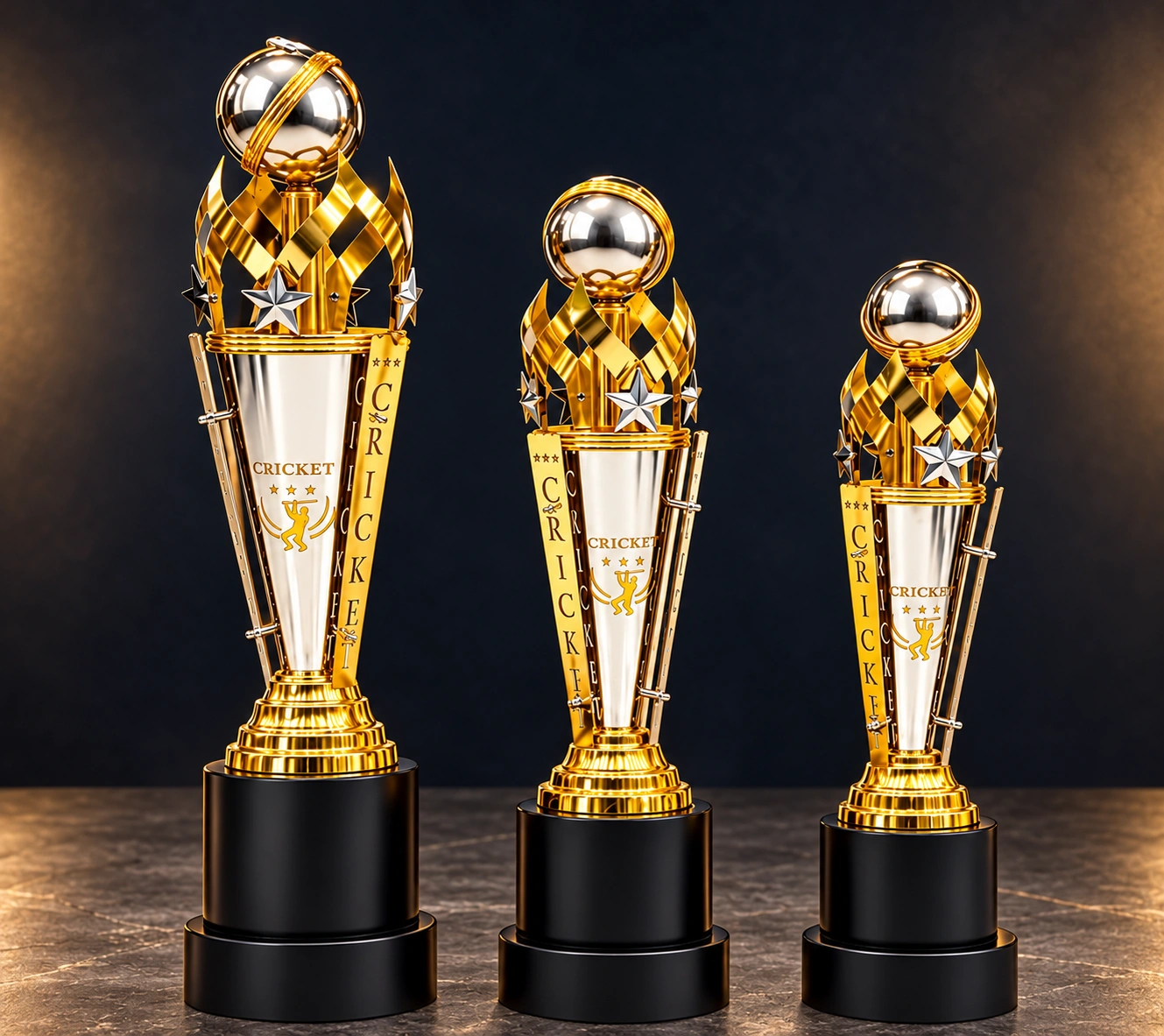 Three gold and silver cricket trophies in a warm navy studio
